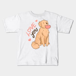 Love you a cute golden Retriever holding a heart for valentines day Kids T-Shirt